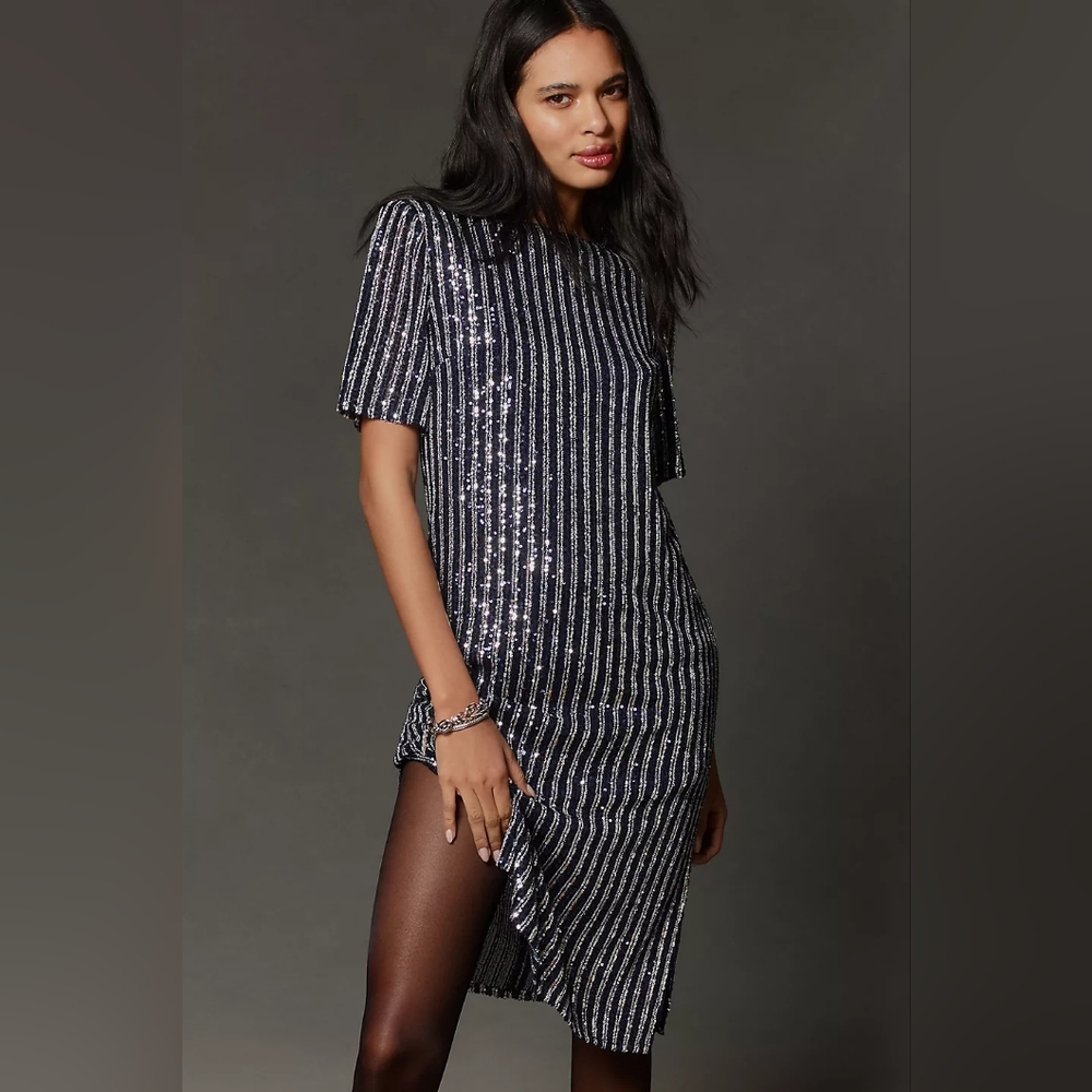 Anthropologie Flat White Short-Sleeve Sequin Stripe Midi Dress Blue Silver